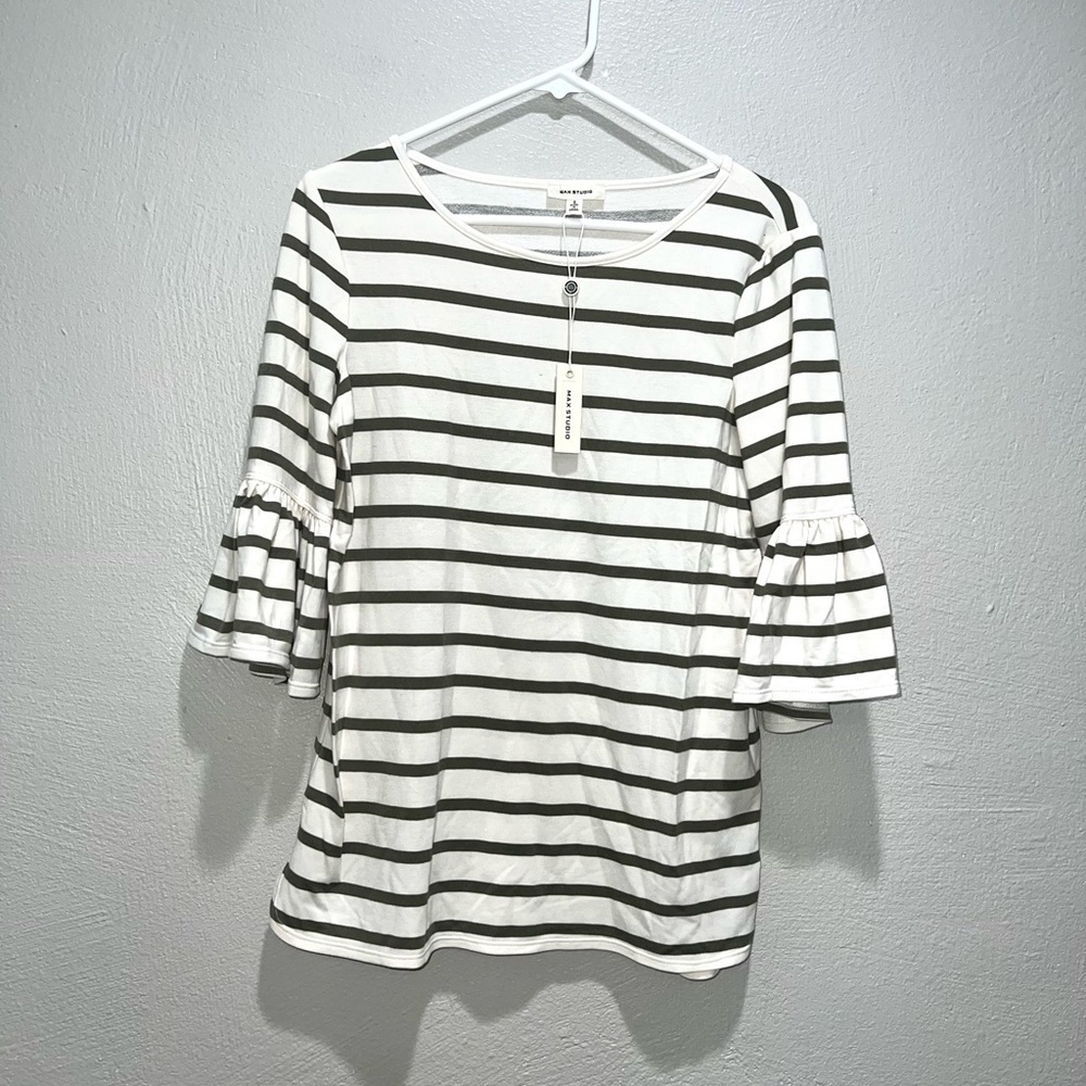 Max Studio White Olive Green Stripe Butterfly Sleeve Top